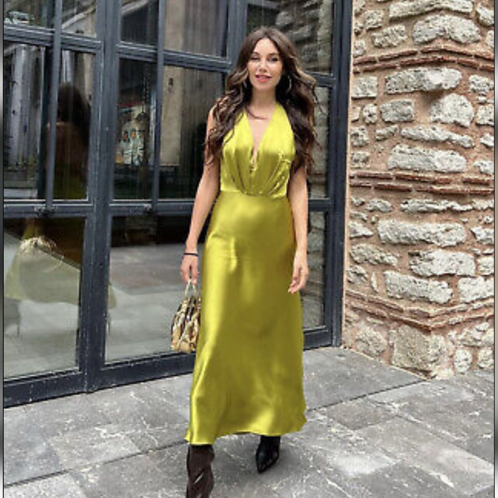 NWT Zara Satin Effect Green Halter Dress, Size M